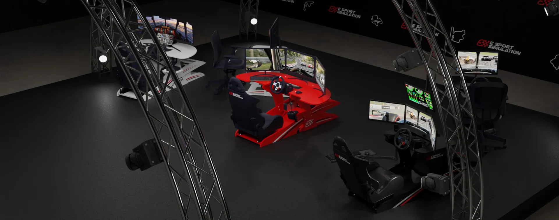 eSport Simulation sim cockpit — the full rig in a dark studio environment